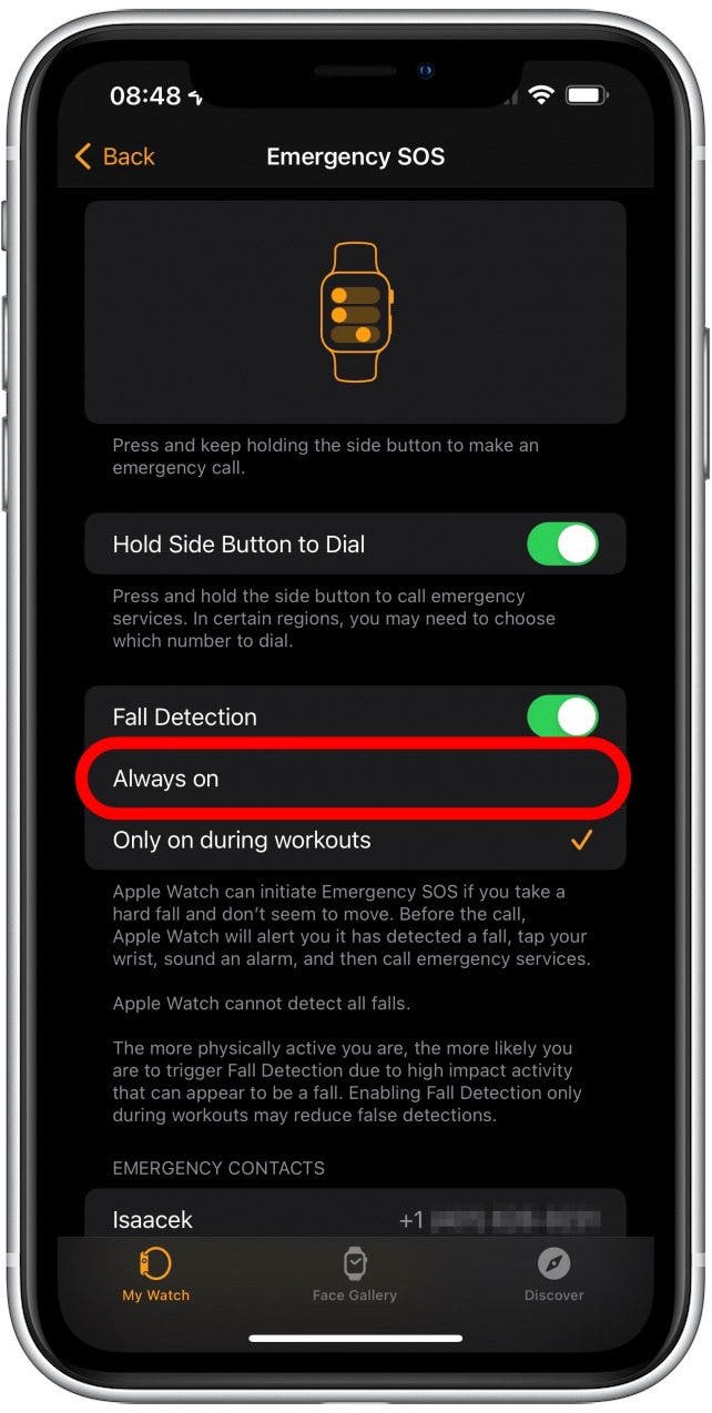 Puede cambiar esto a Siempre encendido: alerta de caída Apple Watch