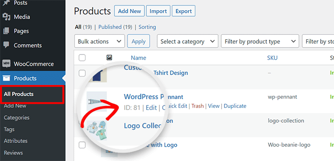 ID de producto que se muestra bajo el título del producto en la página Todos los productos