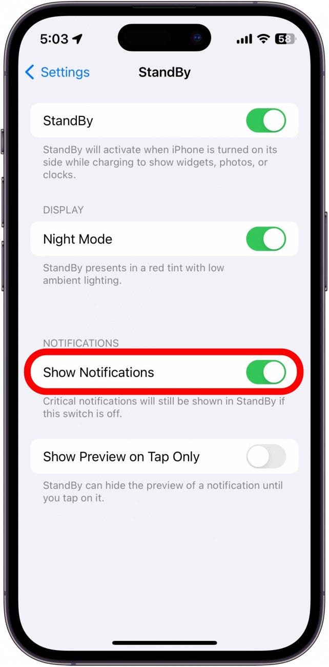 configuración de espera del iPhone con alternancia de mostrar notificaciones dentro de un círculo rojo