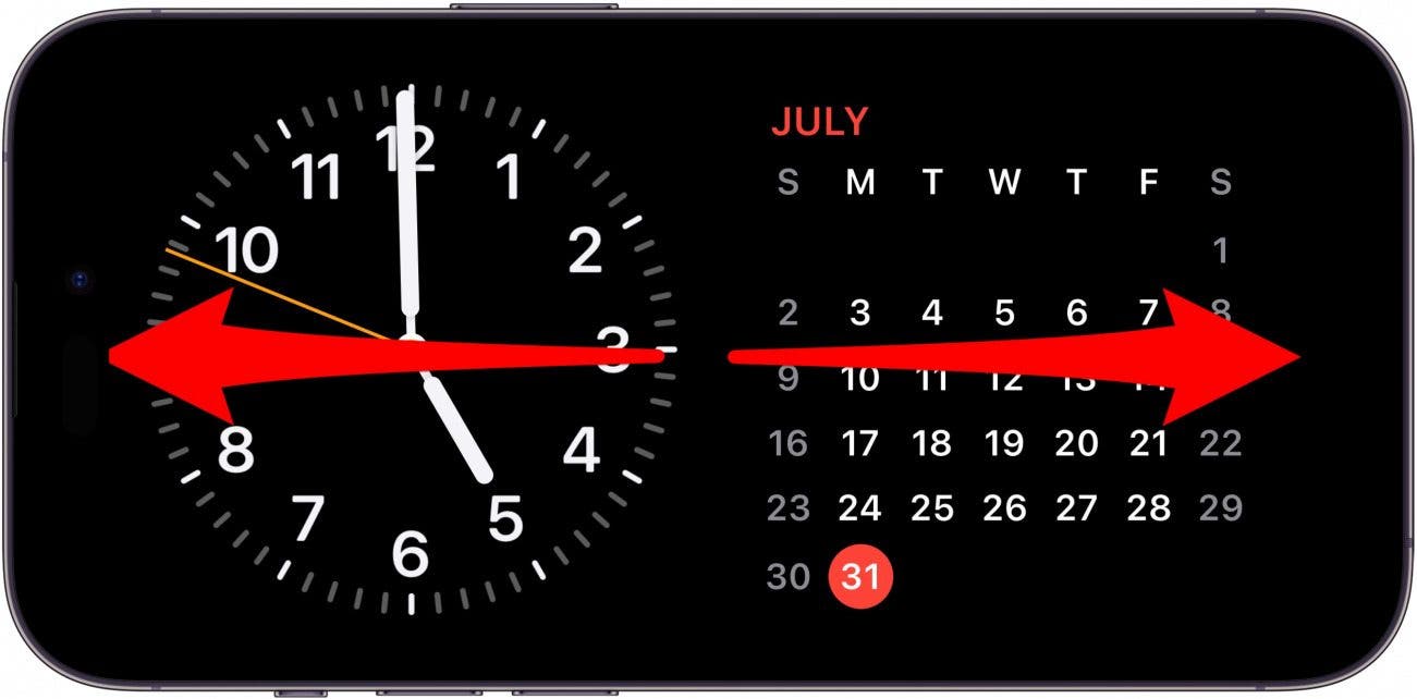 pantalla de espera del iPhone con widgets de reloj y calendario, y flechas rojas que apuntan hacia la izquierda y hacia la derecha, lo que indica deslizamientos hacia la izquierda y hacia la derecha