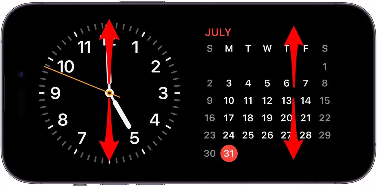 pantalla de espera del iPhone con widgets de reloj y calendario, con flechas rojas hacia arriba y hacia abajo en ambos widgets que indican que se deben deslizar hacia arriba o hacia abajo en los widgets
