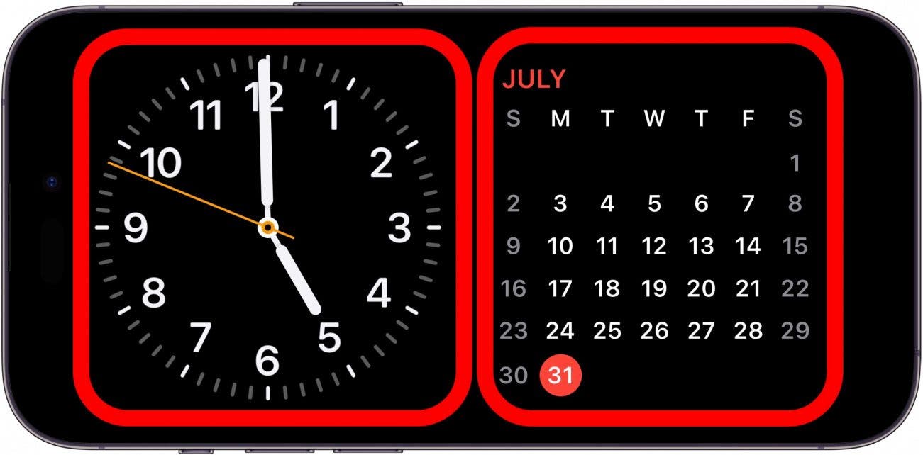 pantalla de espera del iPhone con widgets de reloj y calendario y un cuadro rojo alrededor de cada uno de ellos, que indica que debe tocar y mantener presionado uno u otro
