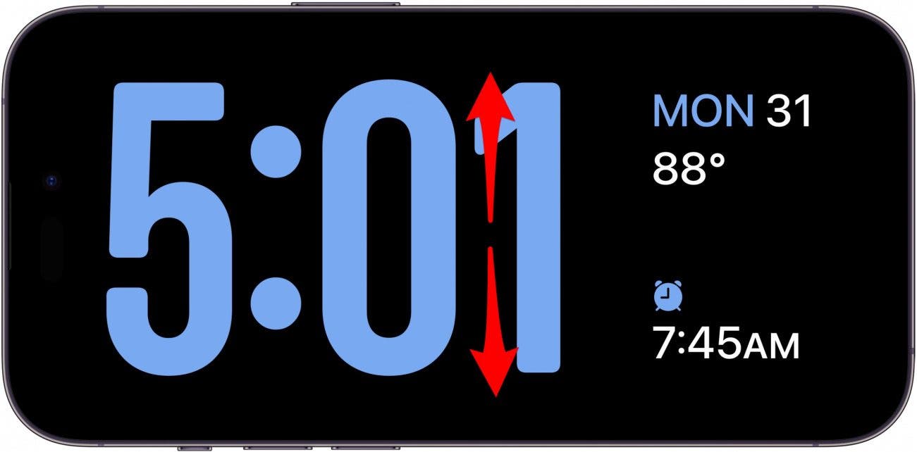pantalla de reloj de espera del iPhone con flechas rojas apuntando hacia arriba y hacia abajo, lo que indica que se debe deslizar hacia arriba o hacia abajo