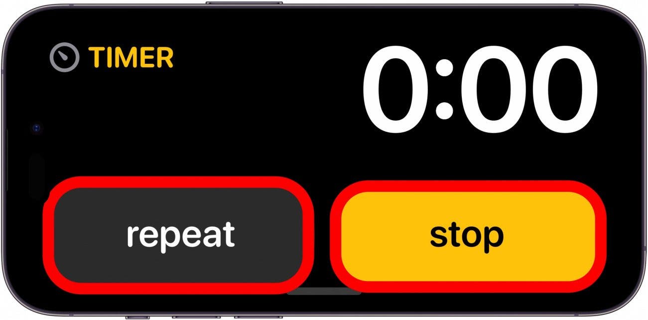 pantalla de espera del iPhone que muestra un temporizador en 0 con los botones de repetición y parada marcados con un círculo rojo