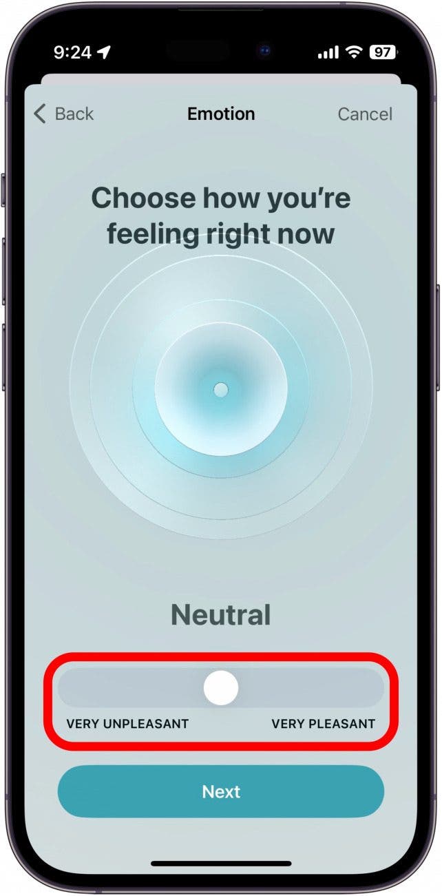 registro de estado de ánimo del iPhone con control deslizante de estado de ánimo en un círculo rojo