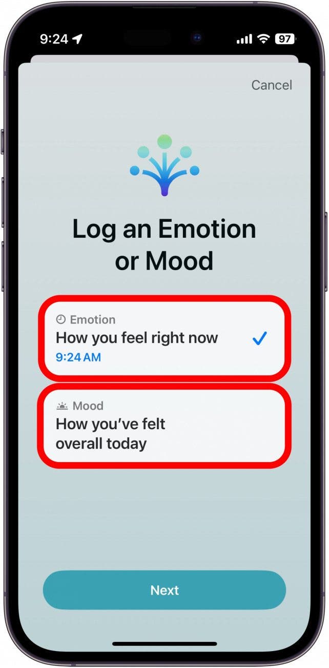registro de estado de ánimo de la aplicación de salud del iPhone con dos opciones marcadas con un círculo rojo: registre cómo se siente ahora o cómo se ha sentido todo el día