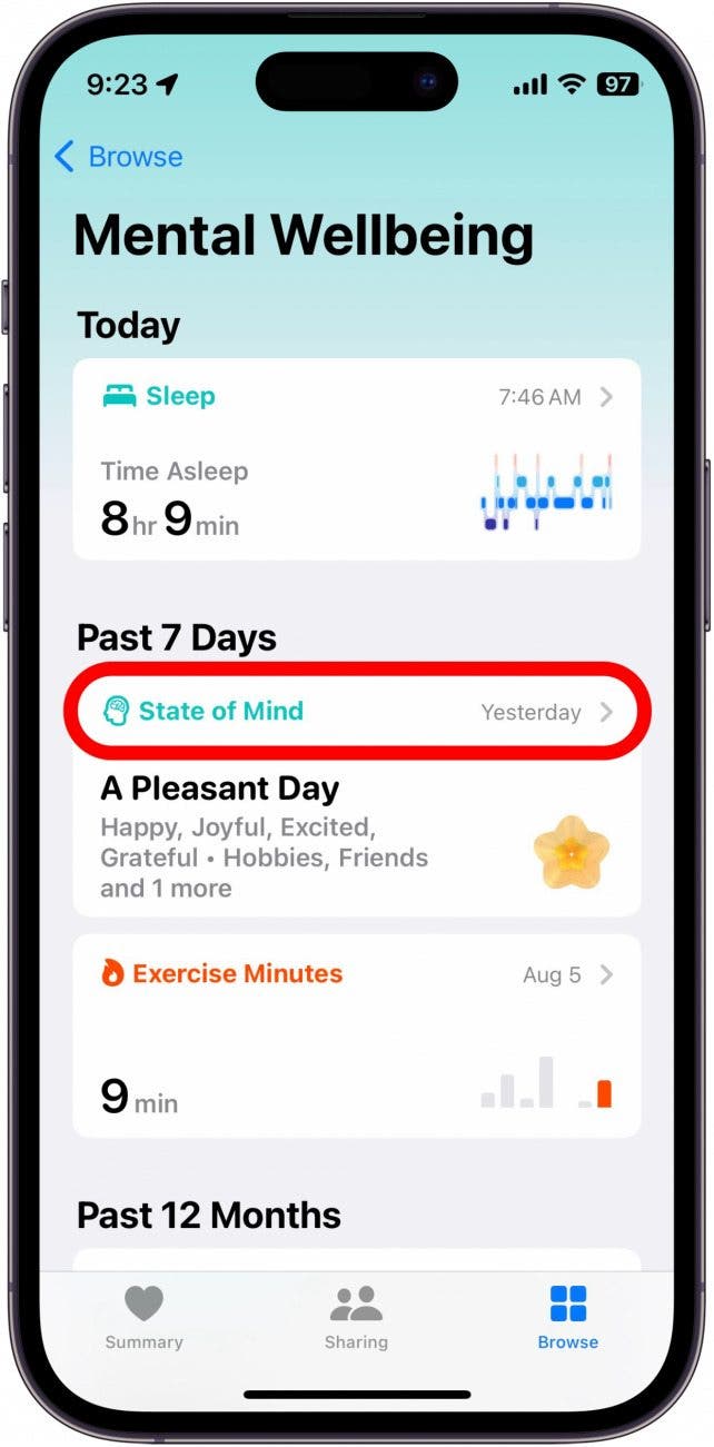 aplicación de salud para iPhone, sección de bienestar mental con la opción de estado de ánimo en un círculo rojo