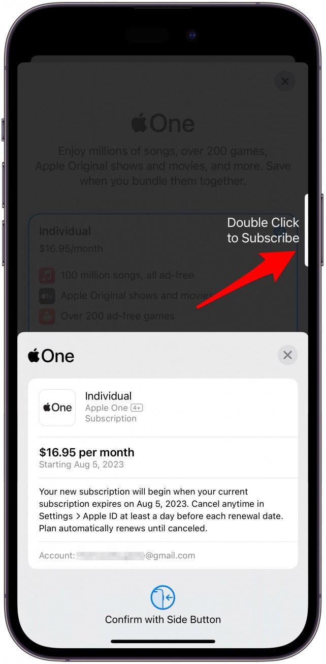 Aparecerá la pantalla de pago de Apple.  Para confirmar su compra, simplemente haga doble clic en el botón lateral o ingrese su contraseña de ID de Apple.