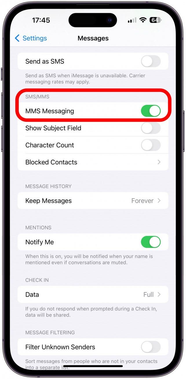 4. Si experimenta que su iPhone no envía imágenes a Android, habilite MMS.
