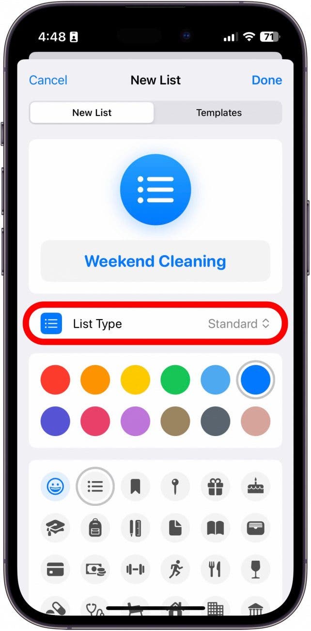 nueva lista de la aplicación de recordatorios de iPhone con el botón de tipo de lista en un círculo rojo