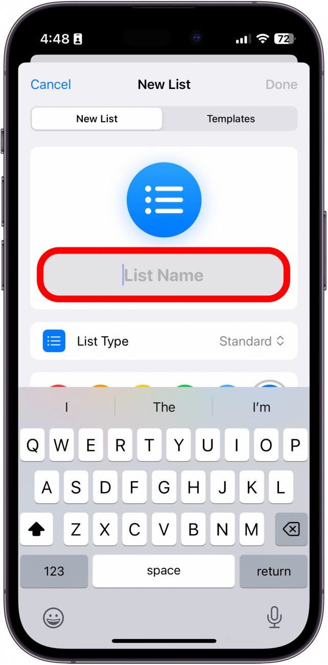 nueva lista de recordatorios de iPhone con el campo de nombre de la lista en un círculo rojo