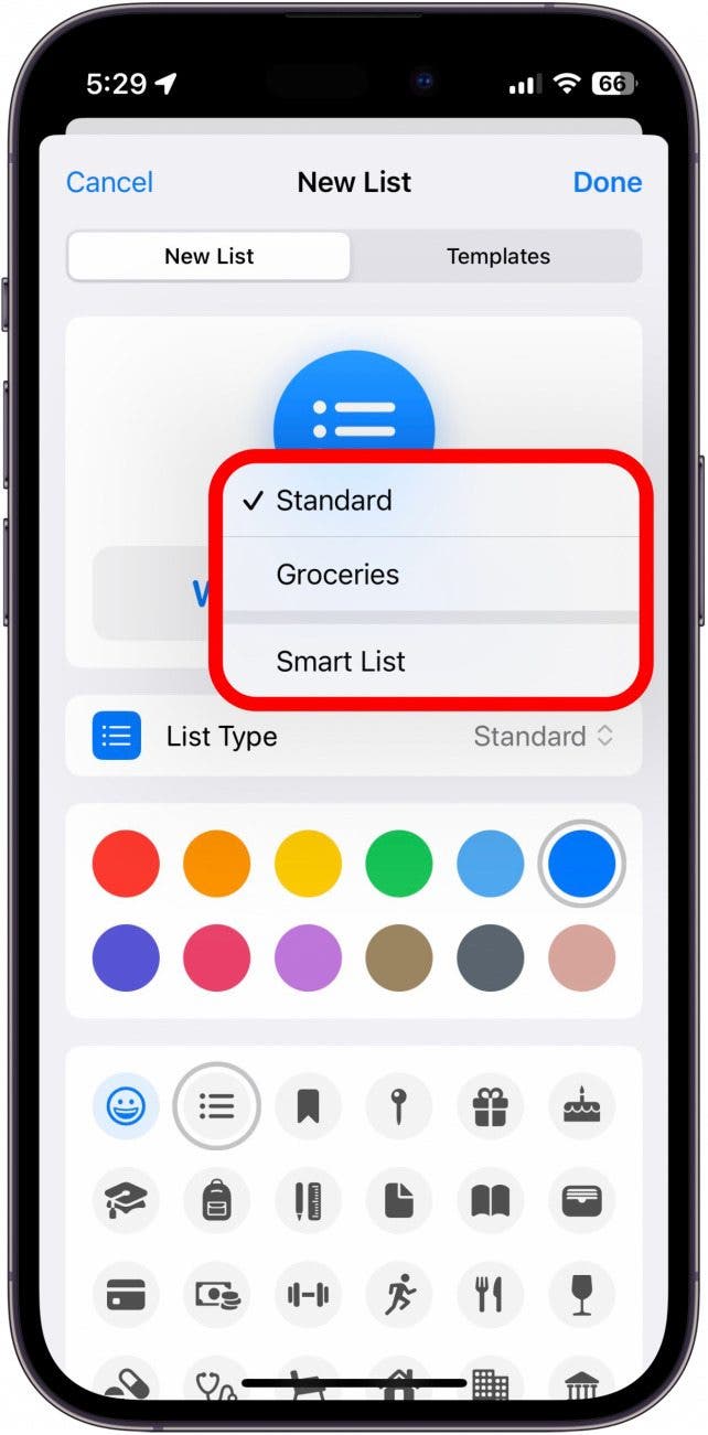 Nueva lista de la aplicación de recordatorios de iPhone con opciones de tipo de lista marcadas con un círculo rojo