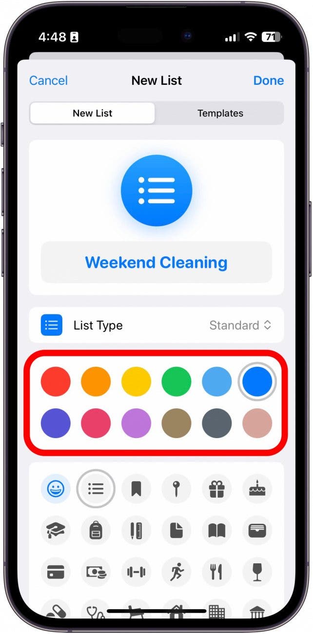 Nueva lista de la aplicación de recordatorios para iPhone con selecciones de colores en un círculo rojo