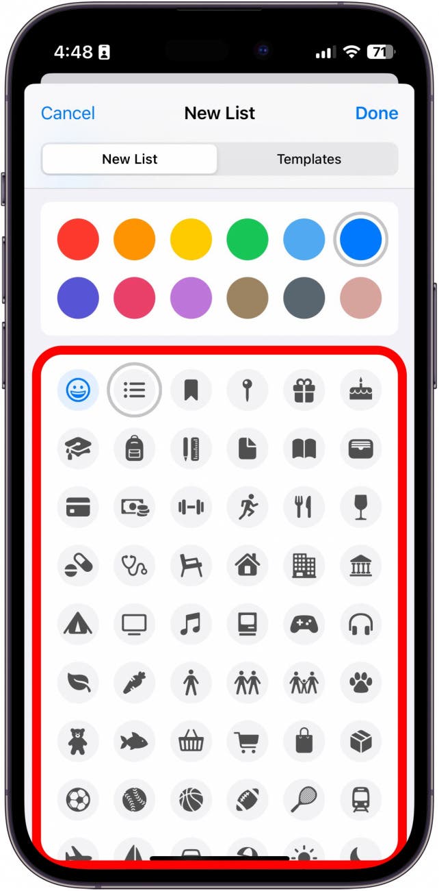 Nueva lista de la aplicación de recordatorios para iPhone con selecciones de íconos dentro de un círculo rojo