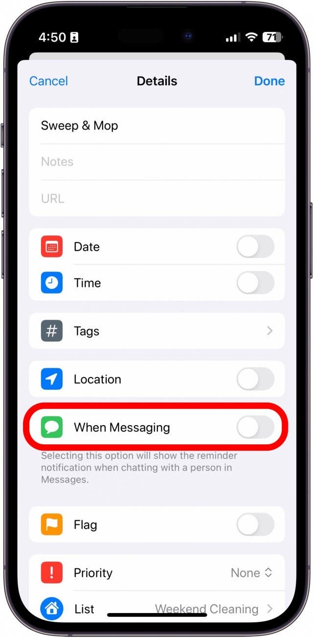 detalles del recordatorio del iPhone con el cambio de mensajes en un círculo rojo
