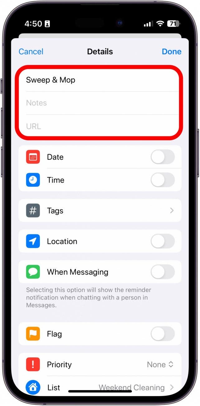 detalles de recordatorio de iPhone con campos de nombre, notas y URL en un círculo rojo