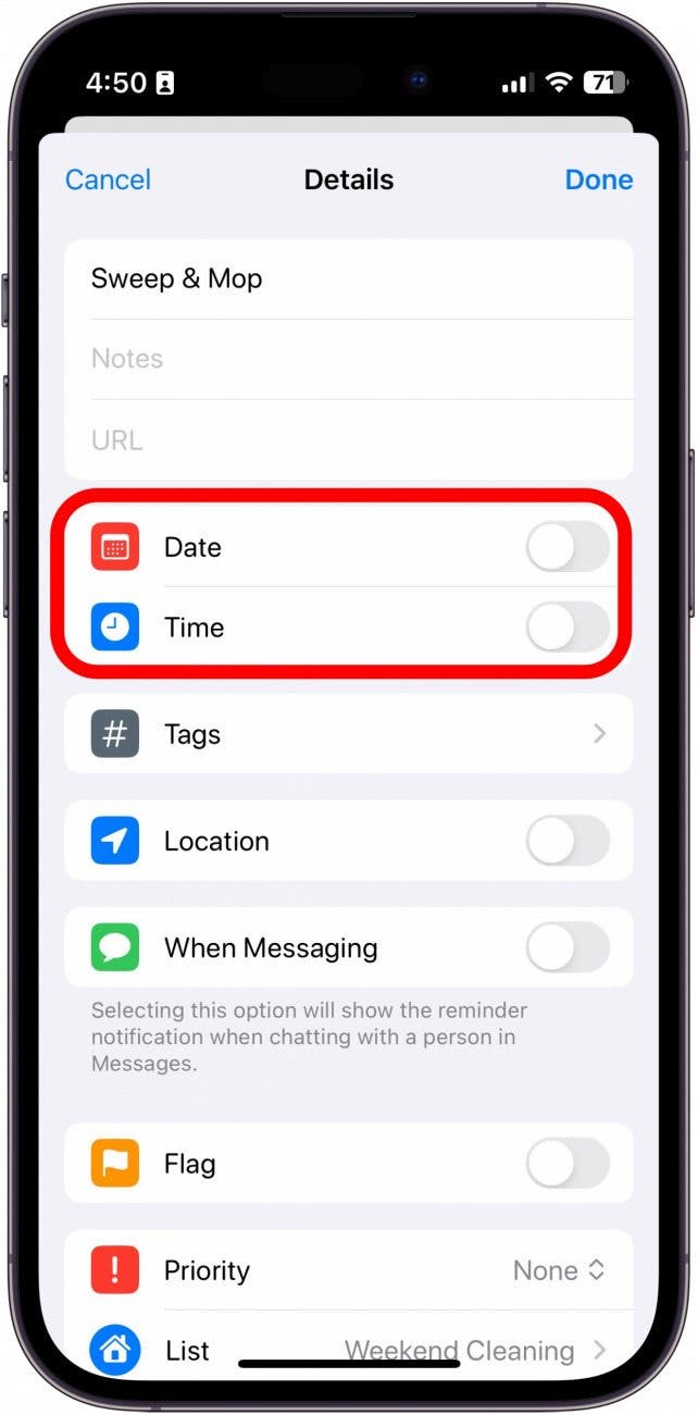 detalles de recordatorio de iPhone con alternancia de fecha y hora dentro de un círculo rojo