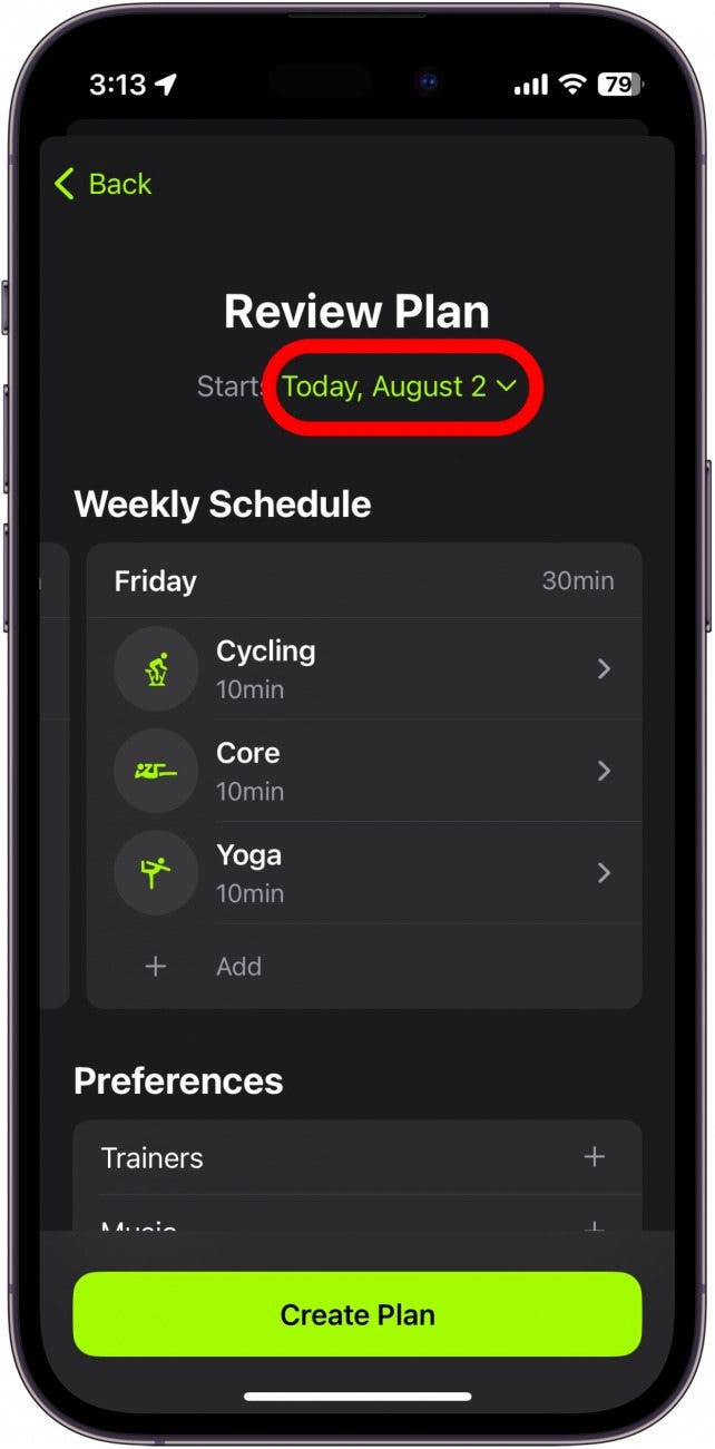 revisión del plan apple fitness plus con la fecha de inicio en un círculo rojo