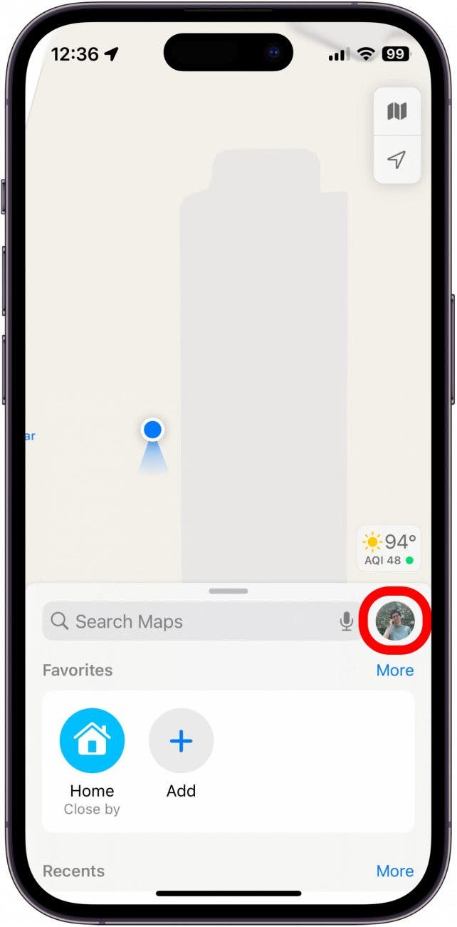 mapas de apple con icono de perfil en un círculo rojo