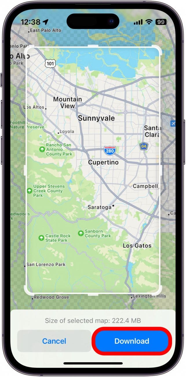 menú de mapas sin conexión de Apple Maps con el botón de descarga en un círculo rojo