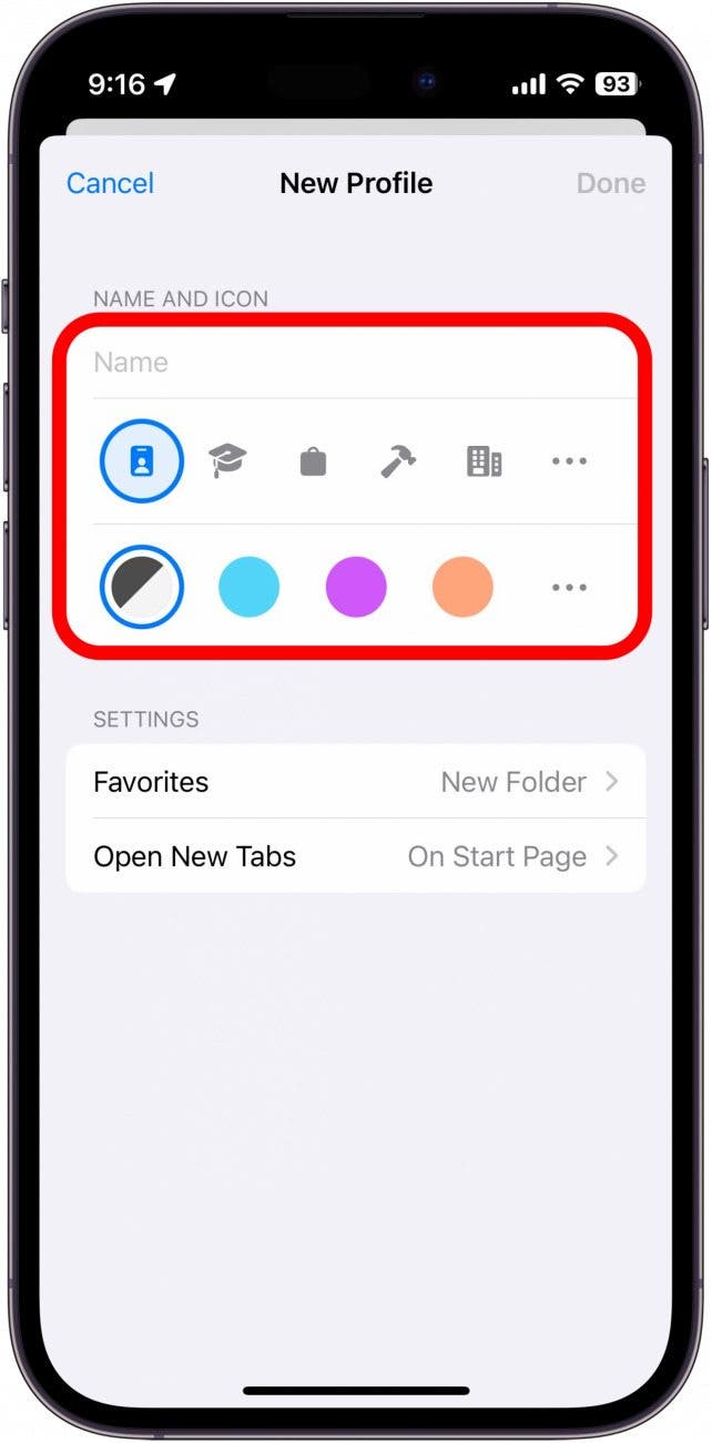 Configuración del perfil de Safari con opciones de personalización en un círculo rojo: nombre del perfil, icono y combinación de colores.