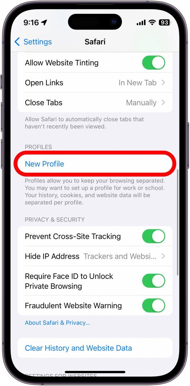 configuración de safari de iPhone con el botón de nuevo perfil con un círculo rojo