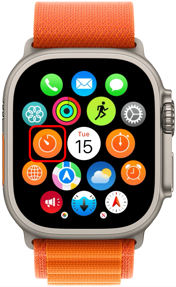 Toca la aplicación Temporizador.  Se parece a la aplicación Apple Watch Stopwatch.