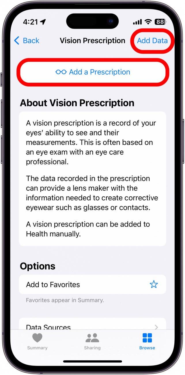 Pantalla de prescripción de visión del iPhone con un botón para agregar prescripción con un círculo rojo