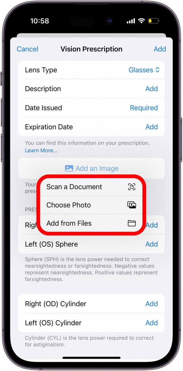 Pantalla de prescripción de visión del iPhone con opciones para agregar una imagen con un círculo rojo: escanear un documento, elegir una foto o agregar desde archivos