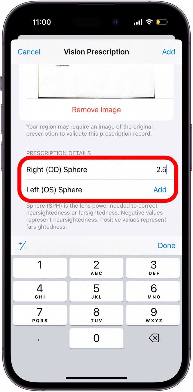 pantalla de prescripción de visión del iPhone con detalles de las esferas derecha e izquierda en un círculo rojo