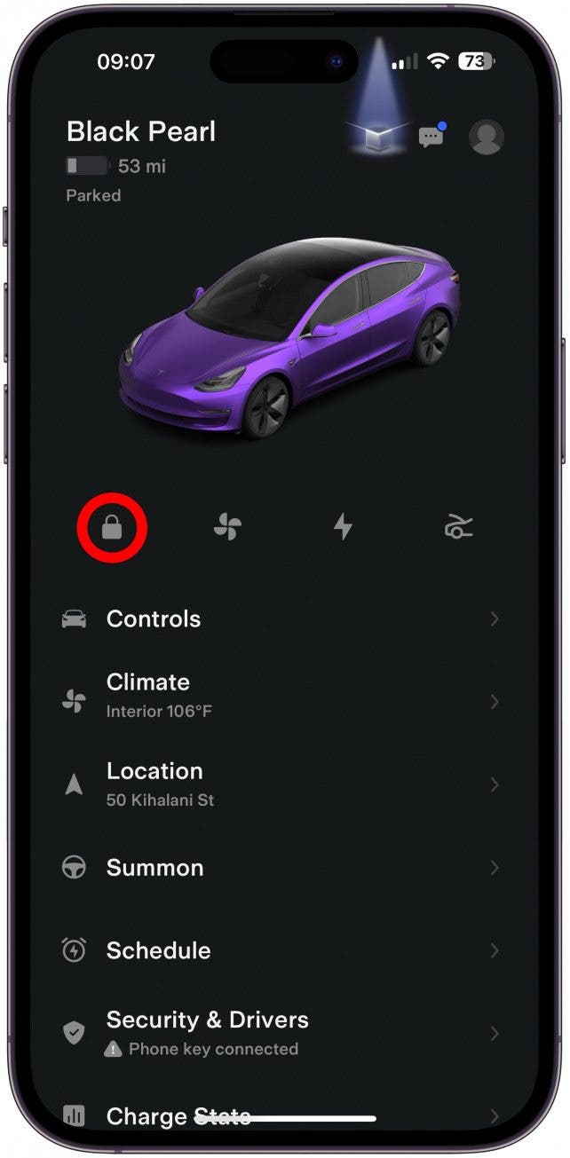 Utilice la aplicación Tesla para bloquear su automóvil desde cualquier lugar.