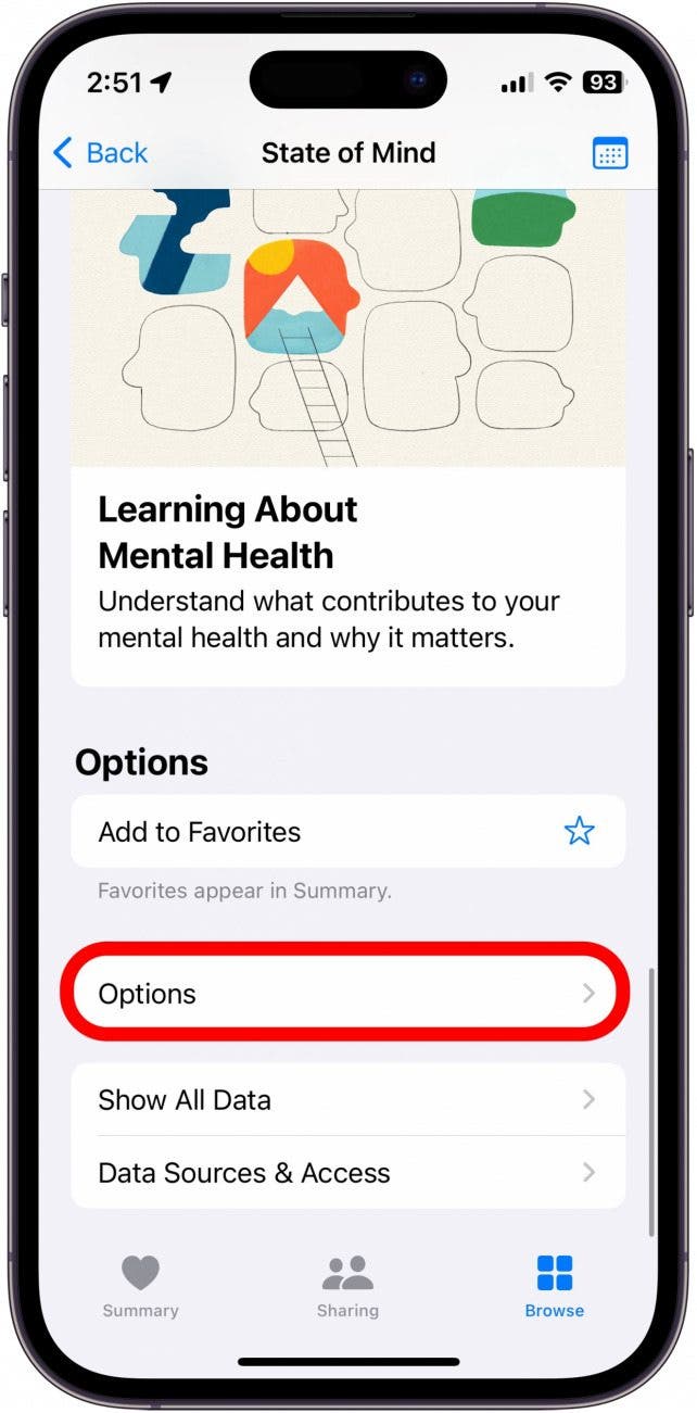 Estado de ánimo del iPhone con el botón de opciones de salud mental rodeado en rojo