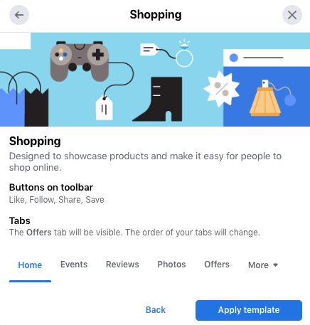 La plantilla de compras muestra productos y facilita que las personas los muestren en línea.