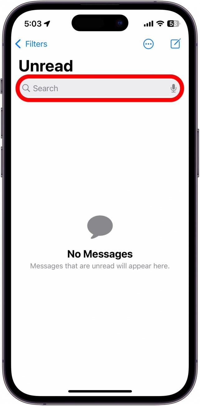 aplicación de mensajes de iPhone con un círculo rojo alrededor de la barra de búsqueda