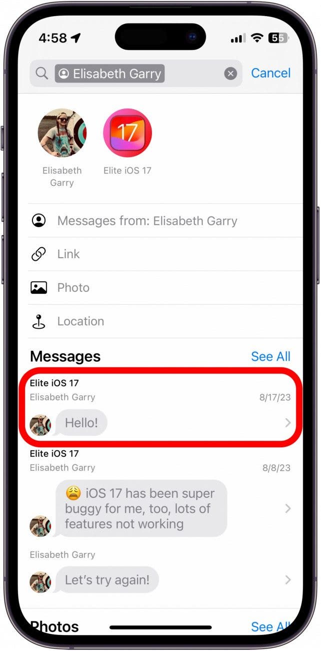 Los mensajes de iPhone filtraron los resultados de búsqueda con un mensaje específico rodeado en un círculo rojo, que dice: 
