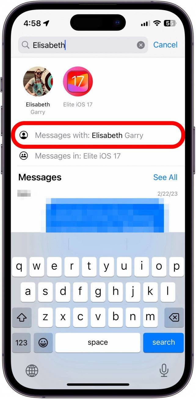 resultados de búsqueda de mensajes de iPhone con un círculo rojo alrededor 