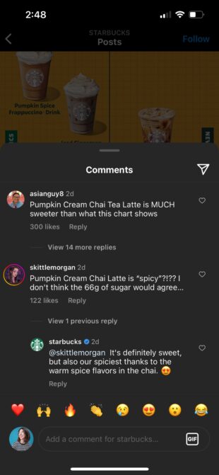 Starbucks Instagram comentario respuesta crema de calabaza té chai latte dulce vs picante