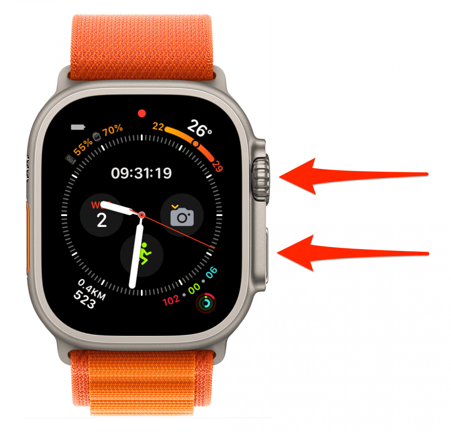 Para forzar el reinicio o el restablecimiento completo del Apple Watch: mantén presionados el botón lateral y Digital Crown simultáneamente durante 10 segundos y luego suéltalos.