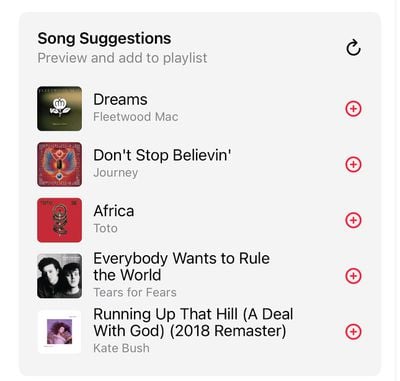 sugerencias de canciones de música de Apple