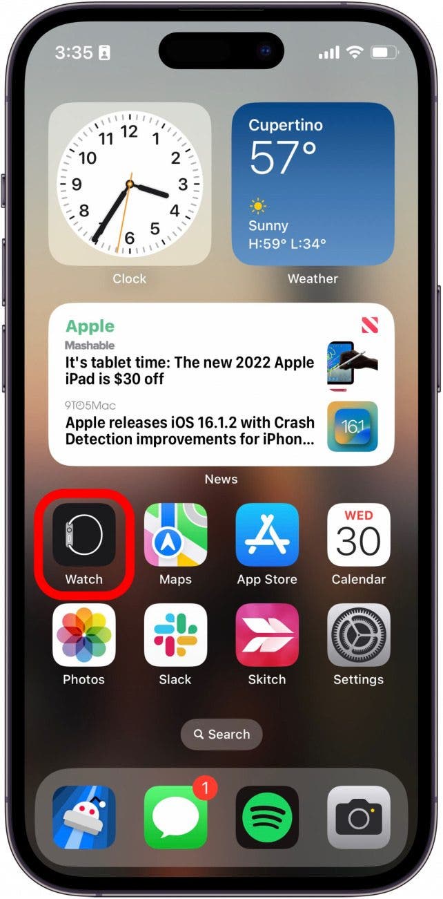 pantalla de inicio del iPhone con la aplicación de reloj en un círculo rojo