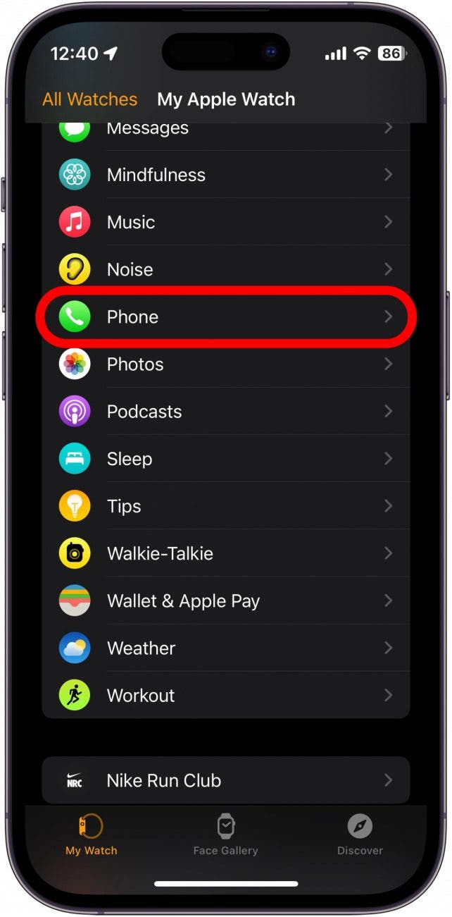 Aplicación Apple Watch para iPhone con teléfono con un círculo rojo