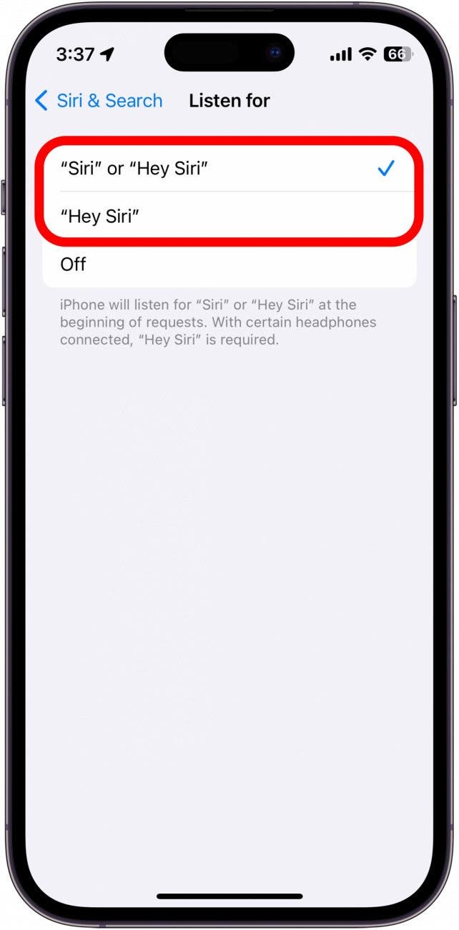iPhone Siri escucha la configuración con dos opciones rodeadas en un círculo rojo.  opción 1: siri o hola siri, opción 2: hola siri