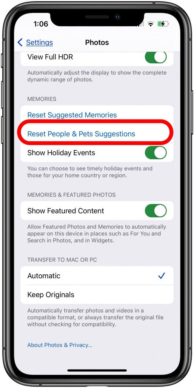 toque restablecer sugerencias de personas y mascotas en la configuración de iPhone y iPad