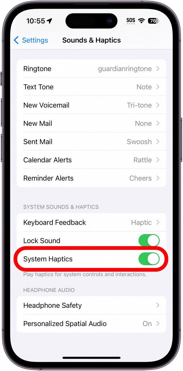 Configuración de sonidos y hápticos del iPhone con alternancia de hápticos del sistema en un círculo rojo