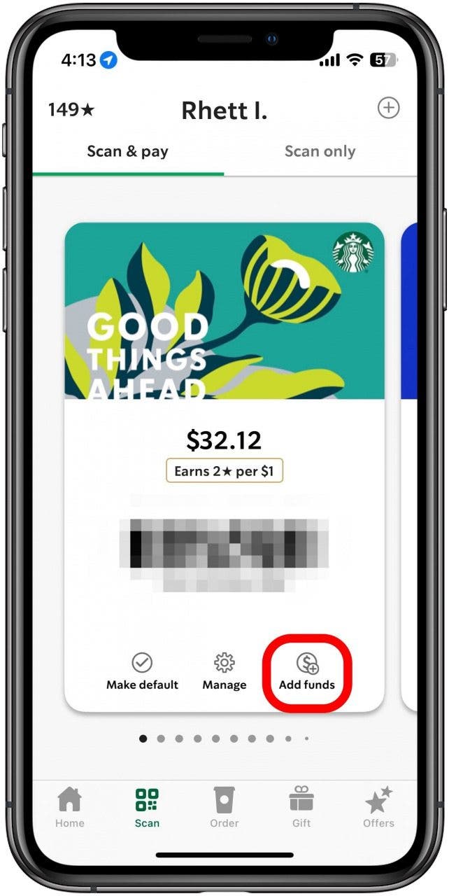 toque agregar fondos para agregar dinero a la tarjeta Starbucks con Apple Pay