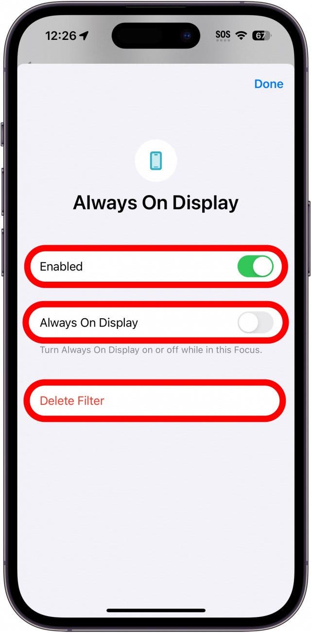 configuración del filtro de enfoque de pantalla siempre en pantalla con un círculo rojo alrededor de los botones de alternar habilitado/deshabilitado, alternar siempre en pantalla y eliminar filtro