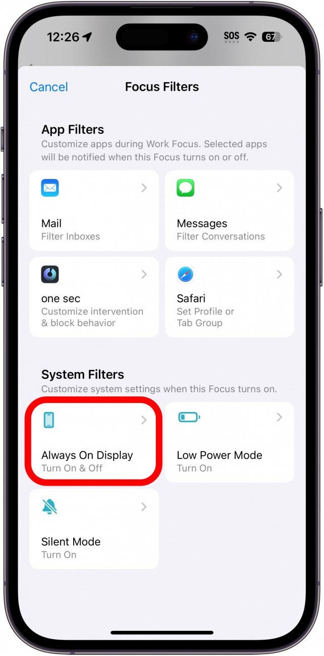 Configuración del filtro de enfoque del iPhone con el filtro siempre activo en un círculo rojo