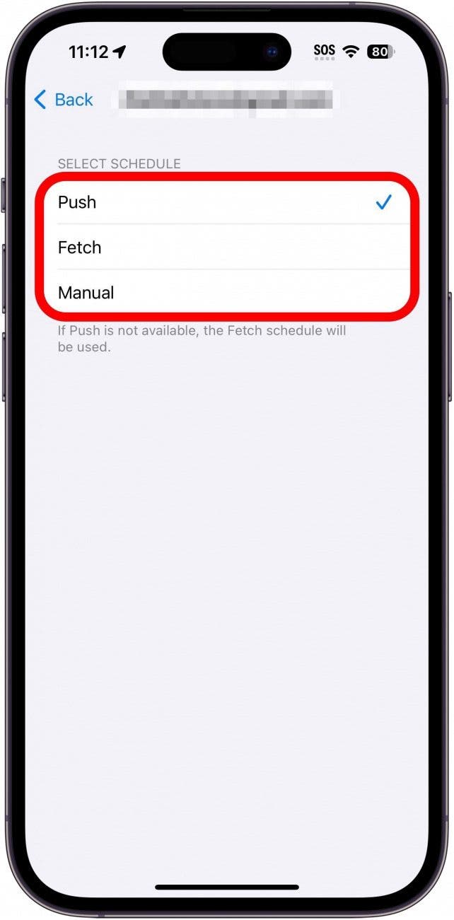 configuración de recuperación de iPhone para una cuenta específica con las siguientes opciones marcadas con un círculo rojo: push, recuperación y manual