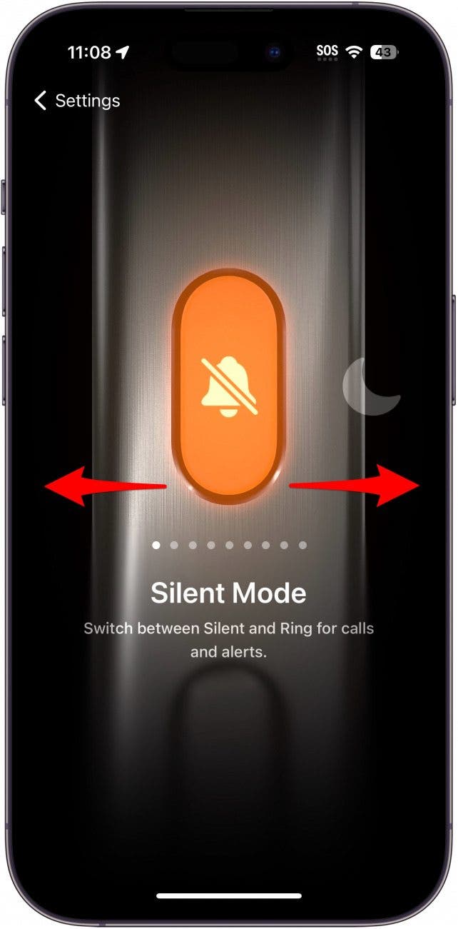 Configuración del botón de acción del iPhone que muestra la configuración del modo Silencio con flechas rojas apuntando hacia la izquierda y hacia la derecha, indicando que se debe deslizar.