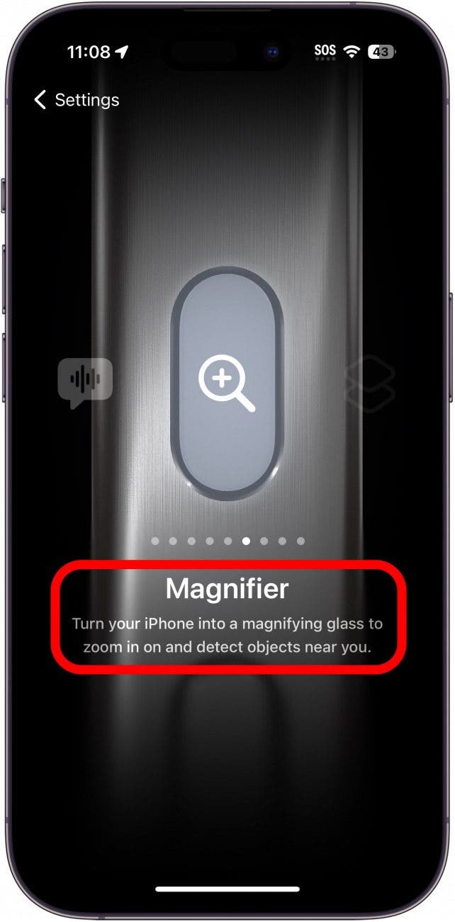 Configuración del botón de acción del iPhone que muestra la configuración de la lupa con un círculo rojo alrededor de la descripción.